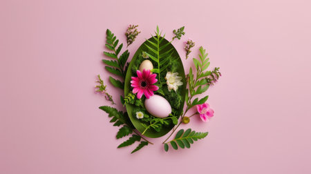 A captivating arrangement featuring delicate flowers and Easter eggs set against a soft pink background, perfect for springtime celebrations and decorative ideas.の素材