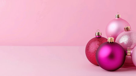 This beautiful image showcases pink Christmas ornaments arranged elegantly against a soft pink background, perfect for holiday decorating and creative inspiration.の素材
