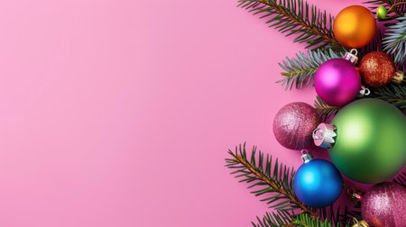 A vibrant arrangement of Christmas ornaments in various colors alongside lush pine branches on a soft pink background. Perfect for holiday designs.の素材