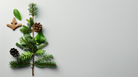This charming composition features a pine branch, leaves, and cones artfully arranged on a light grey background, highlighting the beauty of nature.の素材
