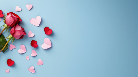 A beautiful composition featuring vibrant pink and red roses accompanied by scattered heart-shaped paper cutouts on a soft blue background. Perfect for conveying love and romance in creative projects.の素材