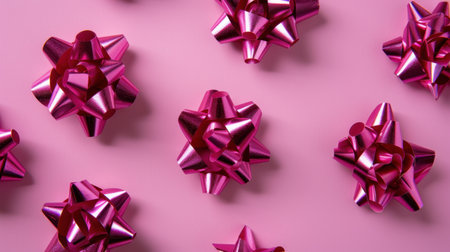 A vibrant arrangement of shiny pink gift bows on a soft pink background, perfect for celebrating occasions and adding a festive touch to any event.の素材
