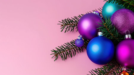 A beautiful arrangement of colorful Christmas ornaments in varying shades of blue and violet rests on fresh pine branches against a soft pink background, perfect for holiday themes.の素材