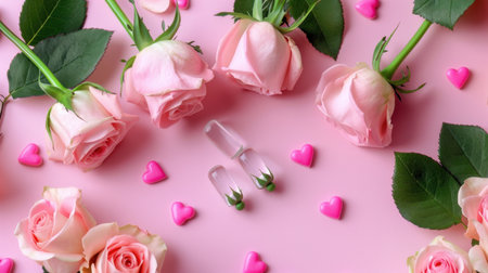 A stylish flat lay featuring delicate pink roses, heart shapes, and decorative elements on a soft pink background, evoking romance and beauty.の素材