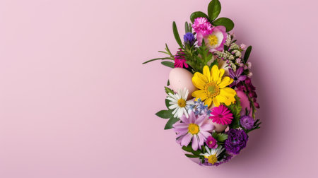 A vibrant arrangement of colorful flowers and pastel Easter eggs creates a stunning visual on a soft pink background, perfect for spring celebrations.の素材
