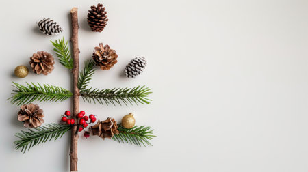 A charming arrangement of natural elements forms a minimalist Christmas tree with pine cones, greenery, and berries on a light background. Perfect for holiday themes.の素材