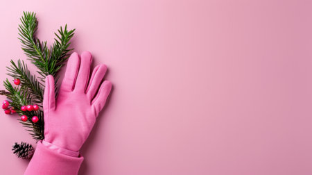 A vibrant pink winter glove rests beside festive pine branches and berries against a soft pink backdrop, creating a cheerful and cozy holiday atmosphere.の素材