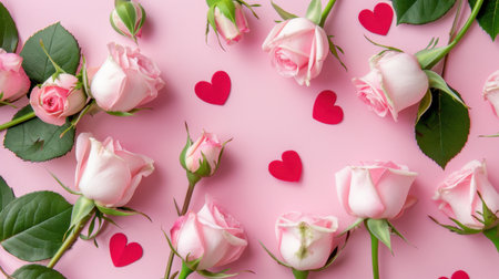 A beautiful arrangement of delicate pink roses scattered among vibrant red hearts on a soft pink background, perfect for romantic occasions and celebrations.の素材
