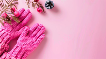 Beautiful pink knitted gloves are artistically placed against a soft pink background, accompanied by holiday decorations, creating a cozy winter vibe.の素材