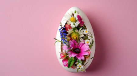 This stunning image features a white eggshell filled with a vibrant assortment of flowers, showcasing the beauty of spring and celebration themes.の素材