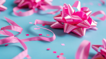 This image features vibrant pink gift bows alongside flowing ribbons on a bright blue background, perfect for celebrations and special occasions.の素材