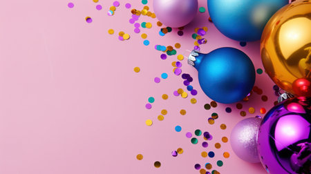 Vibrant Christmas ornaments and shimmering confetti on a pink surface create a joyful and festive atmosphere perfect for holiday celebrations.の素材