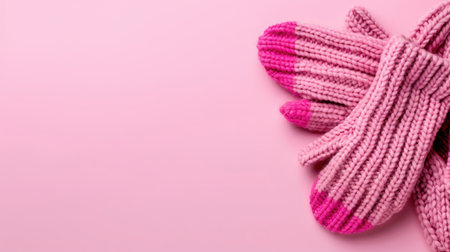 A charming pair of cozy pink mittens sits on a soft pink background, perfect for winter fashion collections and adding warmth to chilly days.の素材