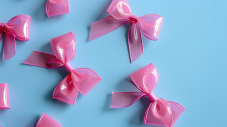 This image showcases a collection of transparent pink bows arranged aesthetically on a soft blue background. Ideal for festive themes and gift wrapping.の素材