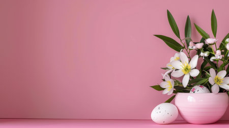A beautiful Easter arrangement featuring delicate flowers, decorative eggs, and fresh greenery set against a soft pink backdrop, perfect for spring celebrations.の素材