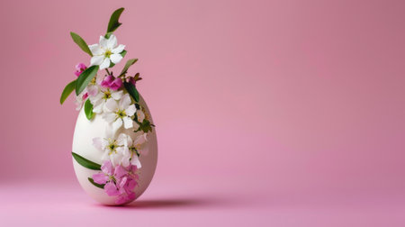 A beautifully decorated Easter egg adorned with spring flowers against a soft pink background, evoking feelings of joy and seasonal celebration.の素材
