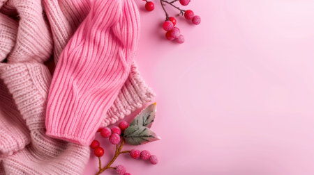This image features a cozy pink sweater accompanied by seasonal berries and foliage, set against a soft pink background, ideal for fashion and decor themes.の素材
