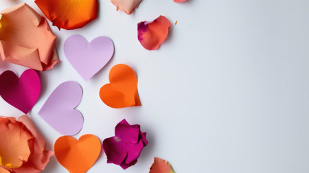 A captivating arrangement of colorful hearts and delicate flower petals on a soft background, perfect for wedding, romance, or celebration themes.の素材