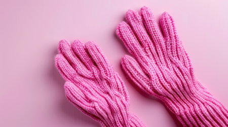 These cozy pink knitted gloves provide both warmth and style, perfect for winter fashion. Set against a soft pink background, they offer a trendy accessory choice.の素材