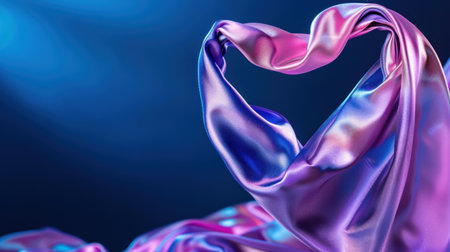 A stunning depiction of silk fabric artistically shaped into a heart, set against a rich blue background, showcasing vibrant colors and elegant textures.の素材