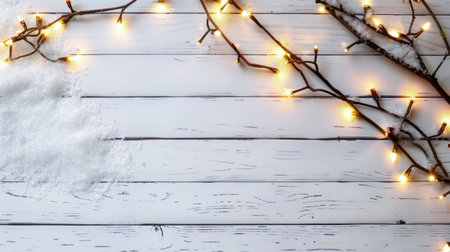 Delight in this cozy winter scene featuring snow, rustic wooden textures, and twinkling lights, perfect for holiday decoration inspiration. Capture the magic!の素材