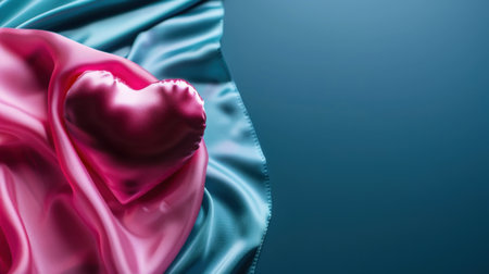 A tender pink heart rests on elegantly draped satin fabric, creating a serene visual where beauty and romance blend seamlessly against a deep blue background.の素材