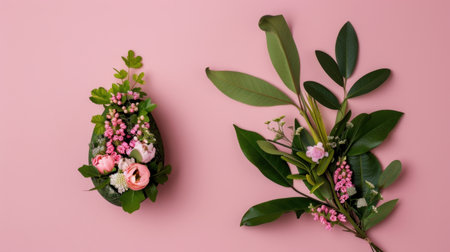 This elegant floral arrangement features a mix of pink flowers and lush green leaves set against a soft pink background, perfect for spring celebrations.の素材