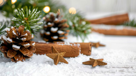 A charming winter decor scene featuring pine cones, cinnamon sticks, and decorative stars set against a snowy wooden background, perfect for seasonal celebration.の素材
