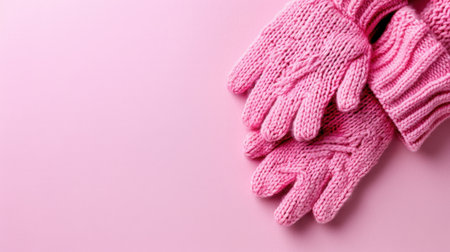 A pair of soft pink knitted gloves rests on a pastel pink background, showcasing warmth and comfort for winter fashion. Perfect for cozy outings or seasonal gifts.の素材