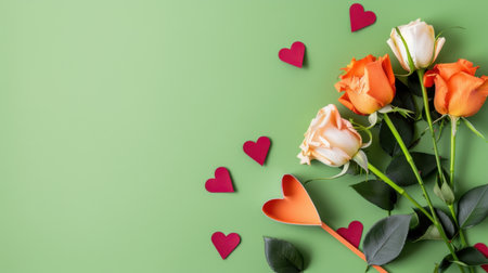 A visually appealing arrangement of colorful roses and heart shapes on a green background, symbolizing love and joy. Perfect for romantic events.の素材