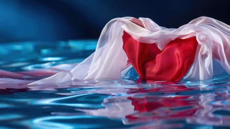 A mesmerizing heart-shaped piece of silk fabric floats gracefully on a serene water surface, reflecting soft light and creating a romantic atmosphere.の素材