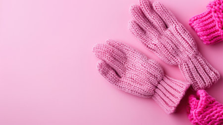 Beautiful set of cozy pink knitted gloves displayed on a pastel pink background, perfect for adding warmth and style to winter outfits. Ideal for cold weather accessories.の素材