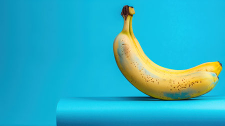 A striking image featuring a bright yellow banana resting elegantly against a turquoise background. This composition highlights freshness, nutrition, and vibrant colors, ideal for food-related projects.の素材