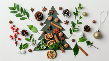 A beautifully arranged flat lay of natural elements and decorative items for Christmas. Featuring pinecones, spices, leaves, and ornaments.の素材