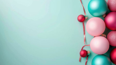 This image features a collection of colorful Christmas ornaments in shades of blue, pink, and red, arranged on a light blue background, perfect for festive themes.の素材