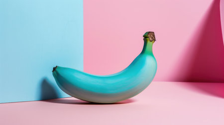 This vibrant image features a single banana in stunning shades of blue and green, set against a pink background. The playful composition creates a modern aesthetic.の素材