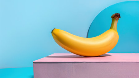 A striking yellow banana positioned on a pink surface against a playful blue backdrop, perfect for eye-catching food photography and design.の素材