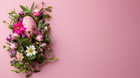 A stunning composition of a pastel-colored Easter egg nestled among a variety of colorful flowers and lush greenery against a soft pink backdrop.の素材