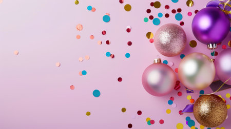 A delightful arrangement of shiny ornaments and colorful confetti scattered on a soft pink background, perfect for holiday celebrations and joyful gatherings.の素材