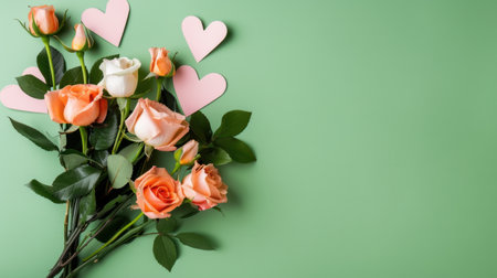 A beautiful bouquet of fresh roses in shades of pink, orange, and white, accompanied by playful heart shapes, creating a romantic atmosphere. Perfect for love celebrations.の素材