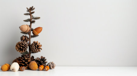 A charming decorative arrangement featuring diverse pine cones and natural elements set against a minimalist backdrop, evoking seasonal warmth and tranquility.の素材
