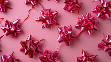A stunning collection of shiny pink gift bows arranged on a soft pink background. Perfect for adding a touch of elegance and charm to holiday or celebration decorations.の素材