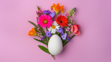 A stunning arrangement featuring a white egg nestled among vibrant spring flowers set against a soft pink background, perfect for festive celebrations.の素材