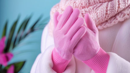 A cozy scene featuring a person wearing pink gloves and a chunky knitted scarf. The soft background highlights winter warmth and comfort. Perfect for lifestyle themes.の素材