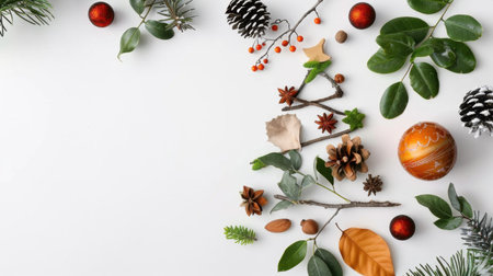 This image features a charming arrangement of natural elements and ornaments, perfect for depicting the joyful spirit of the holiday season. A blend of leaves, pine cones, and colorful decorations creates a cozy atmosphere, ideal for seasonal projects.の素材