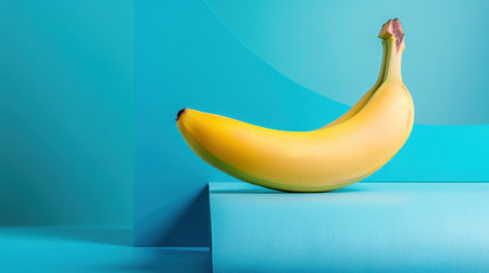 A single fresh yellow banana rests elegantly on a turquoise surface, showcasing its vibrant color and smooth texture, perfect for food photography.の素材