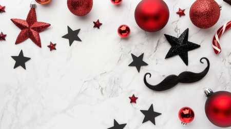 An elegant flat lay featuring red ornaments, shiny stars, and a playful mustache on a marble background, perfect for holiday and seasonal celebrations.の素材