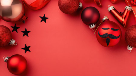 A vibrant composition featuring an array of red ornaments, sparkling decorations, and playful black stars on a festive background. Perfect for holiday themes.の素材