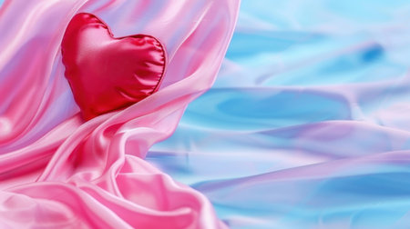 A vibrant red heart rests on luxurious pink and blue silk fabric, creating a romantic and elegant scene perfect for conveying affection and love.の素材