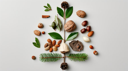 Unique flat lay composition of nuts, seeds, leaves, and pinecones showcasing natural textures and colors, perfect for nature and culinary themes.の素材
